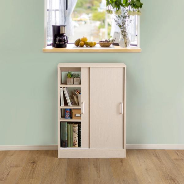 カウンター下収納 引き戸 薄型 スリム おしゃれ 収納棚 省スペース 目隠し 白 ホワイト 約 幅60cm 高さ85cm 木目 北欧 ナチュラル 可動棚 幅木避け 巾木除け 扉