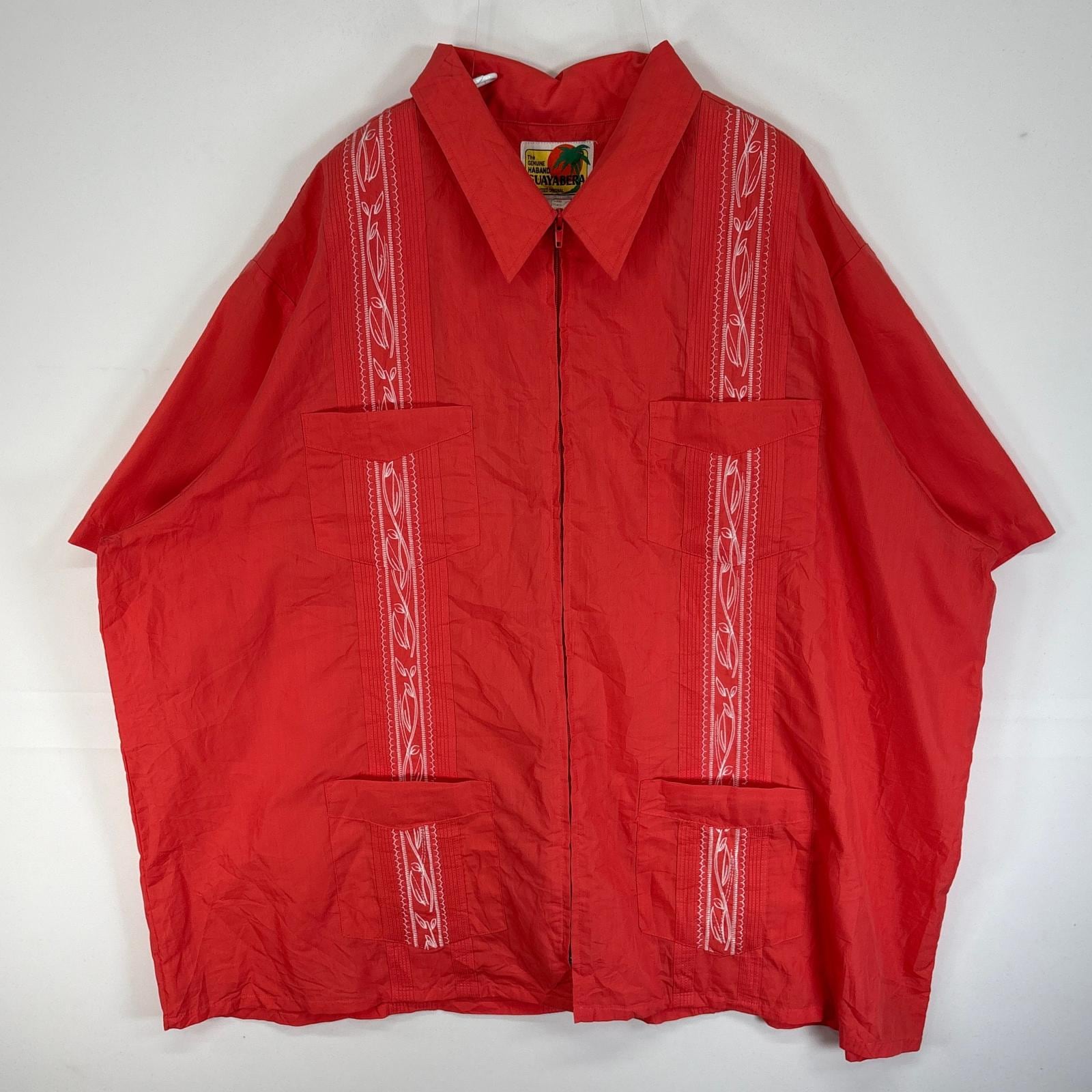 古着 guayabera 半袖シャツ キューバ 4つポケ フルジップ 刺繍デザイン 大きいサイズ 3XL オレンジ系 総柄 メンズ