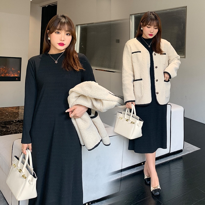6L 4L 韓国ファッション ワンピース 秋冬 大きいサイズ マタニティ 体型カバー ゆったり 通勤 着痩せ 30代 40代 50代 60代大きいサイズの甘辛スカート2022春秋気質のゆるいニット地