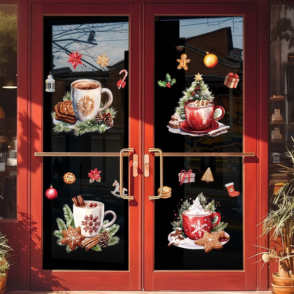 10個セット クリスマスの静電貼りコーヒーカップのショーウインドーガラスに祝日のシーンの雰囲気を貼り付ける窓ドア貼り