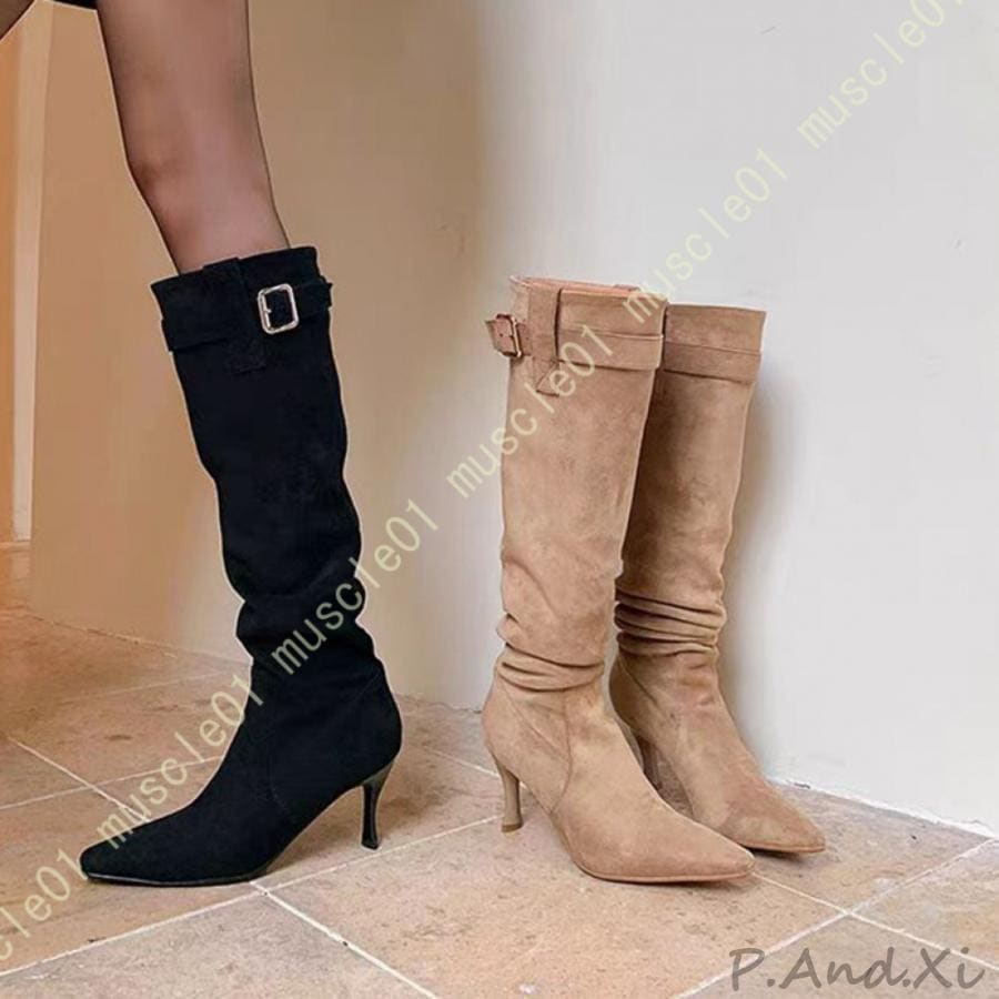 レディース ファッション ストレッチ ロングブーツ 太ヒール 大きいサイズ ロングブーツ レディース ロング丈 太ヒール ポインテッドトゥ 伸縮性 シンプル