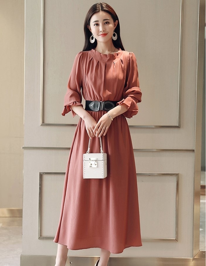 A1024.Uネックフリルフレアドレス（ダークピンク）2019 春夏 sale 春夏 sale ワンピース 長袖 エレガント お呼ばれ パーティー 結婚式 披露宴 女子会 レストラン デート