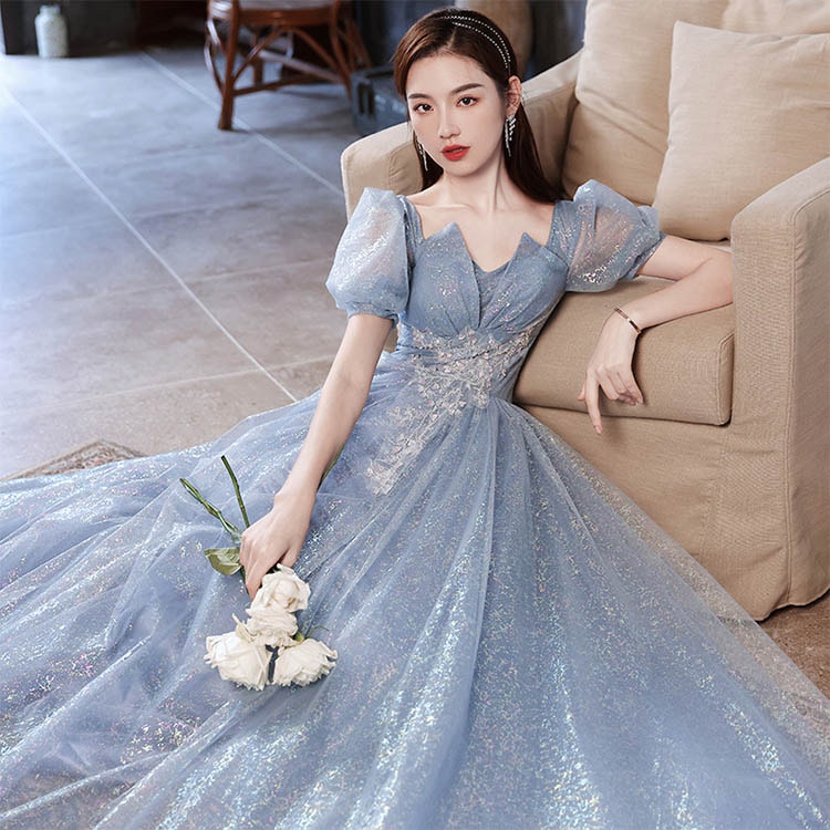 ふわっとフレアスカート イブニングドレス ロングドレス ブルー 結婚式ドレス 二次会ドレス ワイン赤 パフスリーブ Vネック