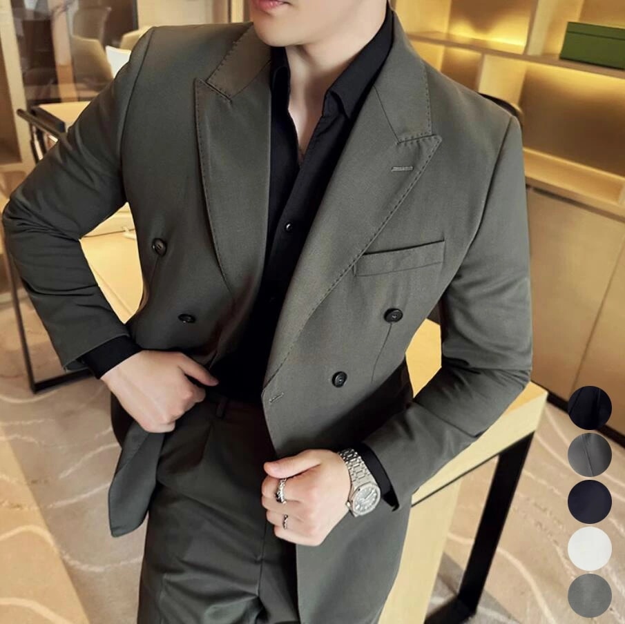ダブルスーツ スーツ メンズ 韓国風 スリムスーツ カッコイイ ビジネススーツ セットアップ 2点セット ジャケット+パンツ スーツセット 細身スーツ 大きいサイズ 気質優雅 スリーピース メンズスー