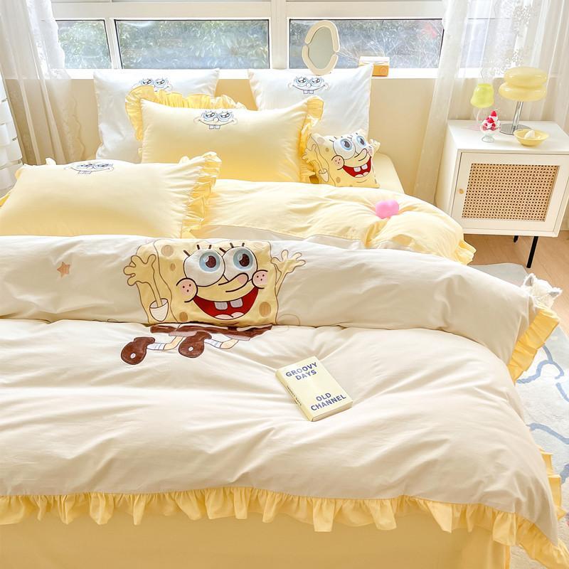 かわいいスポンジボブ綿4点セット綿カバー超柔らかいベッド笠漫画ベッド用品子供3点セット 7,071円