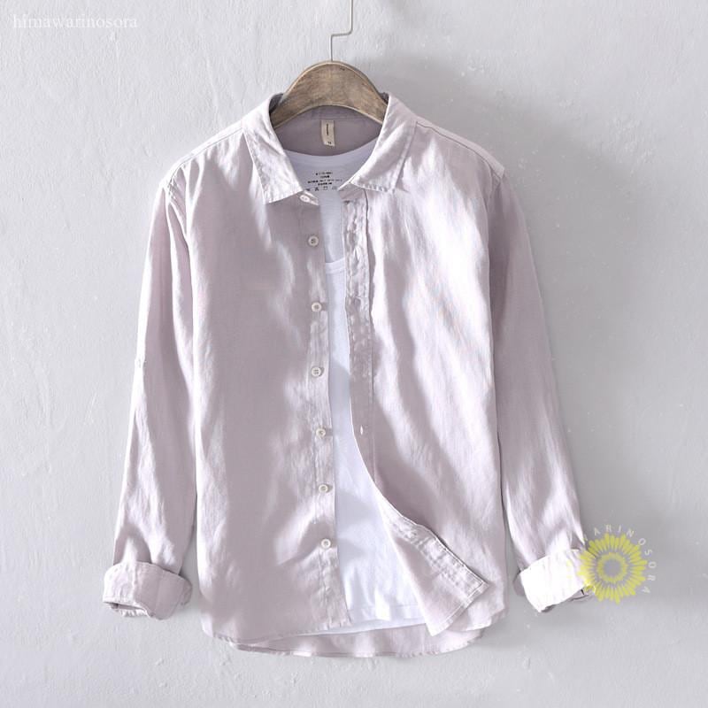 リネンシャツ メンズ 長袖シャツ 無地 カジュアルシャツ トップス ビジネス 通学 麻 白シャツ 敬老の日 プレゼント