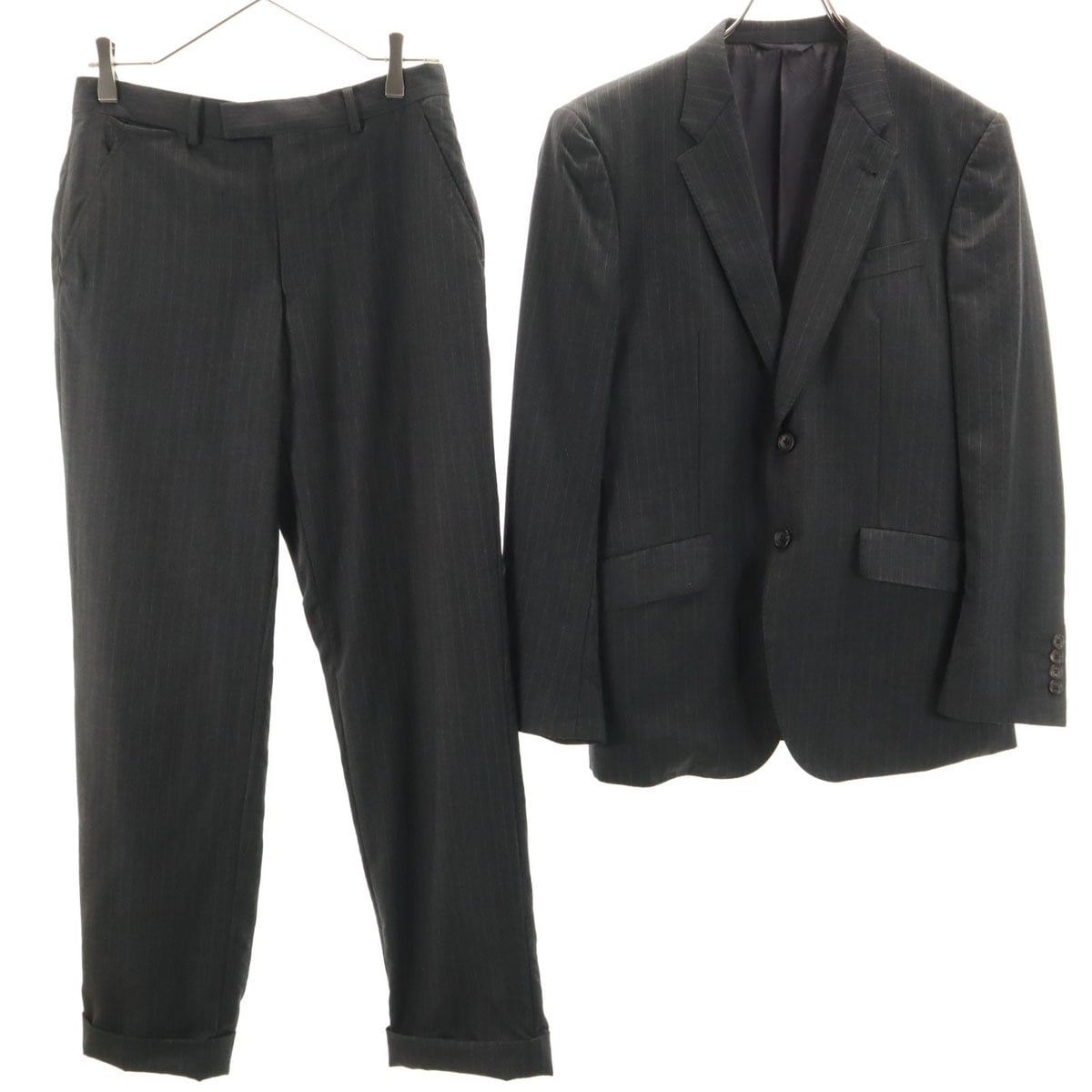 日本製 ウール ストライプ柄 スーツ 上下セットアップ M グレー 衣装カバー付き メンズ 古着