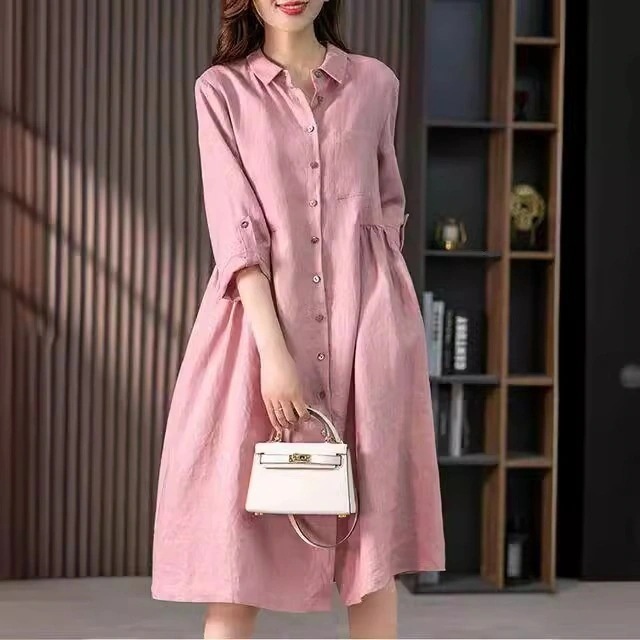 エレガント/フレンチ/リネン/シャツワンピース/デザイン/2025/春秋/作/薄/無地/ワンピースカップ付きインナー 5,034円