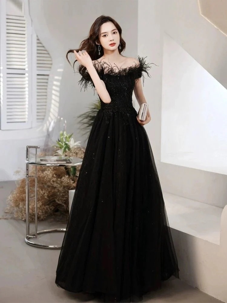 ブラックイブニングドレス2025イブニングドレスバンケット気質ドレスレディース