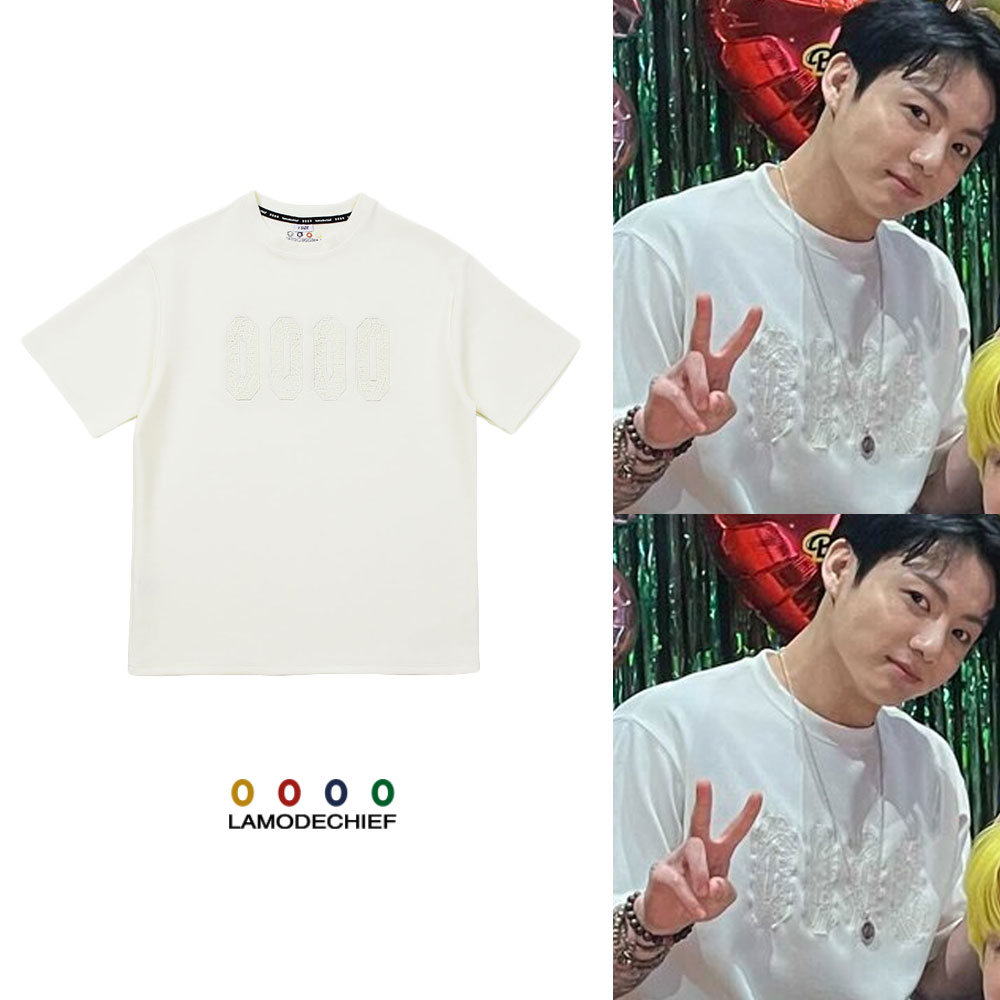 21SS [LAMODECHIEF]LACE LOGO TSHIRTS BTS ジョングク 着用 アイボリー 半袖Tシャツ V LIVE 着用
