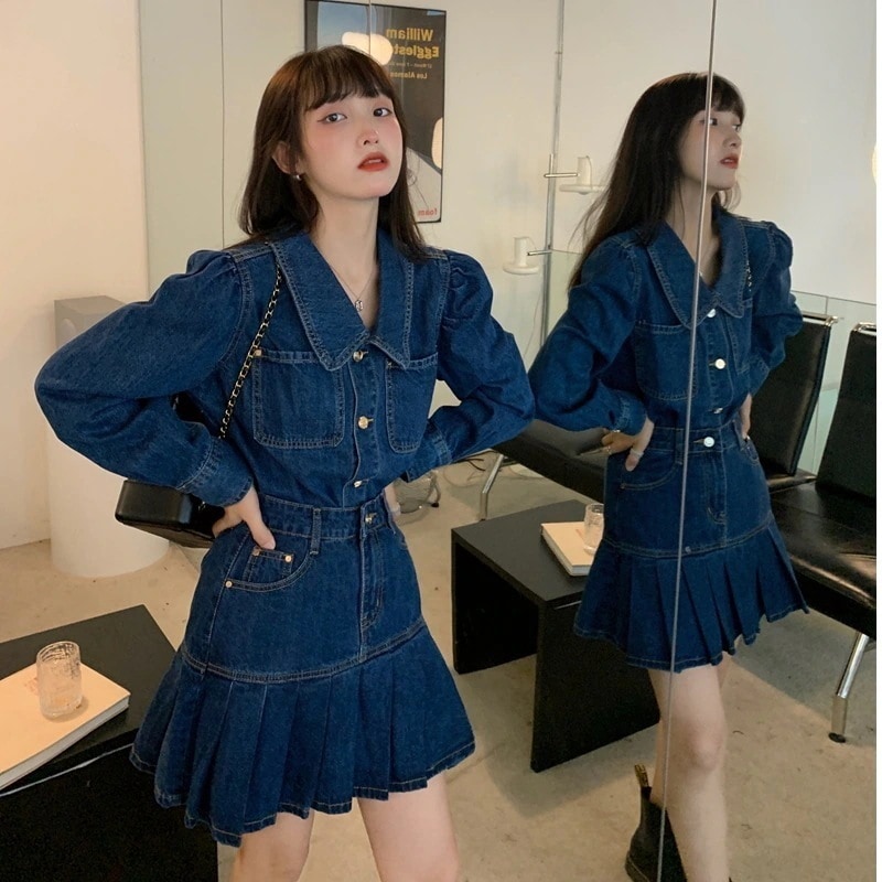 大人 可愛く スタイル 映え デニム 上下 ２点セット トップス スカート セットアップ プリーツ ビッグカラー ハイウエスト カジュアル ガーリー こなれ