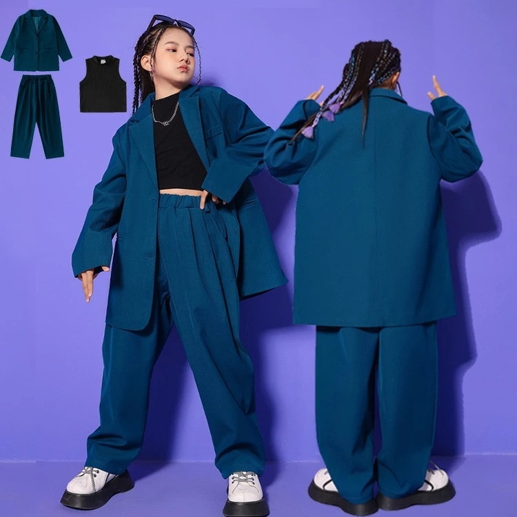 ジュニア カジュアル スーツセット パンツスーツ ワイドパンツ 女の子 フォーマル スーツ ジャケット 長袖コート セットアップ ヒップホップ ダンス衣装 高校生 小学生 入学式 卒業式 七五三 発表