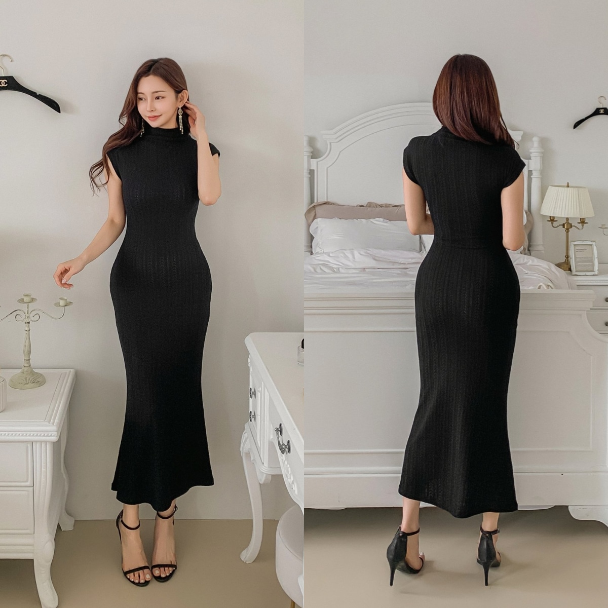 【韓国発】ブラックハイネックニットロングキャバドレス