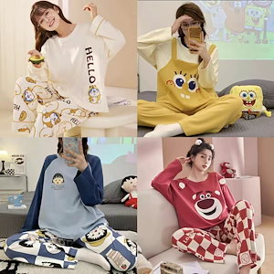 20type 新入荷 かわいいちびまる子ちゃん ミッキーマウス パジャマ レディース 長袖+ズボン上下2点セットスポンジ ボブ 韓国 ルームウェア セットアップ 肌触り 快適 部屋着