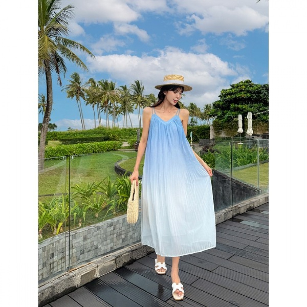 [Vivarup] グラデーションリゾートビーチドレスOP20222F サマーストラップオフショルダープリーツビスチェルーズフィットロングバケーションルックドレス