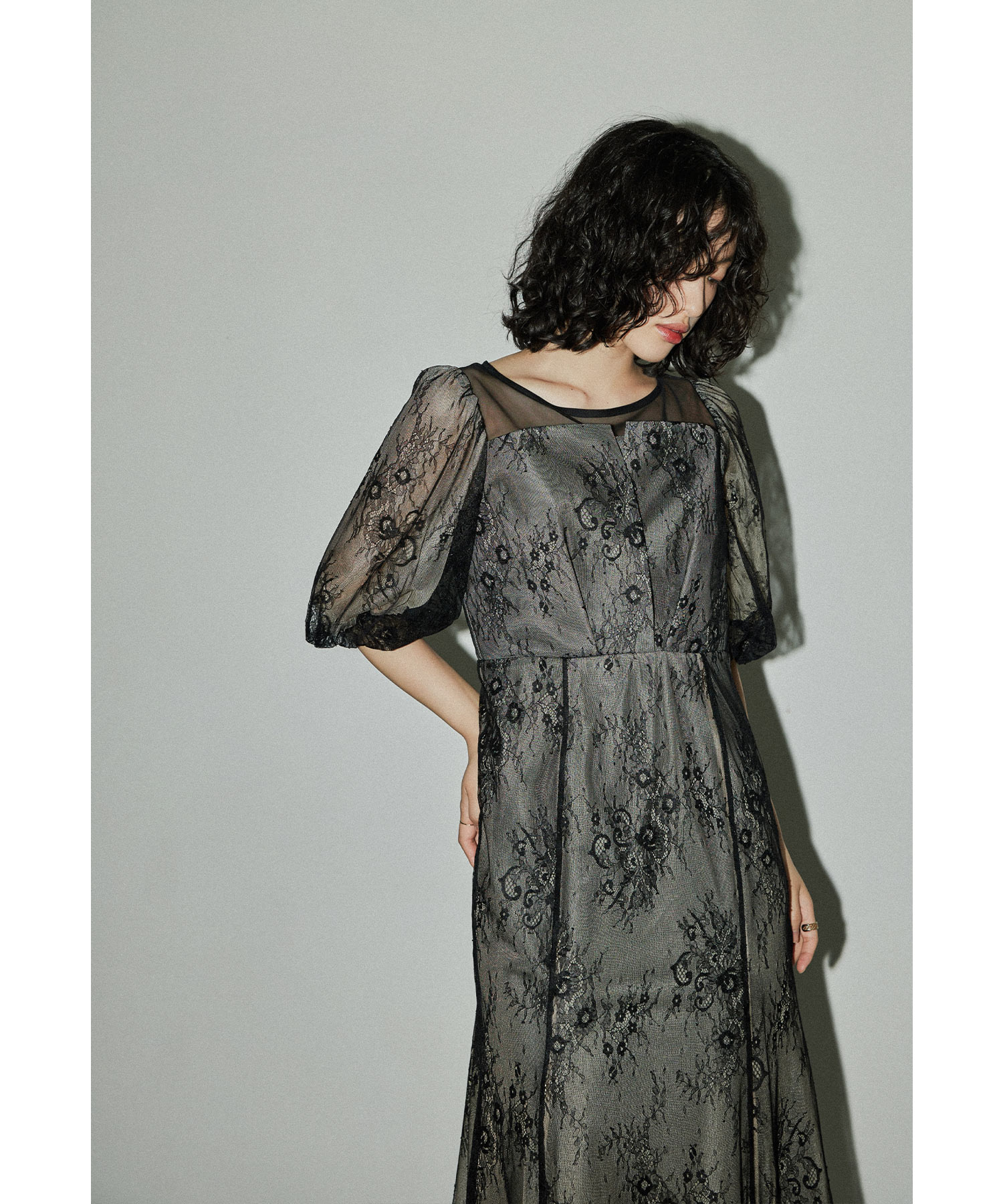 レースマーメイドドレス パーティードレス 結婚式 バックリボン 花柄 総レース ワンピース チュール ビスチェ風 パフスリーブ ロング丈 お呼ばれ パーティー 二次会 披露宴 謝恩会 成人式 同窓会