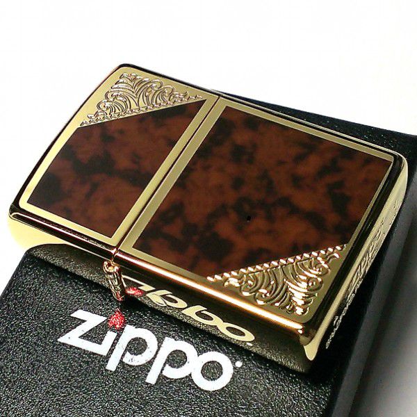 ZIPPO ライター ジッポ ゴールド&ブラウン クラシック アラベスク 両面加工 鼈甲マーブル柄 金タンク かっこいい メンズ ギフト プレゼント