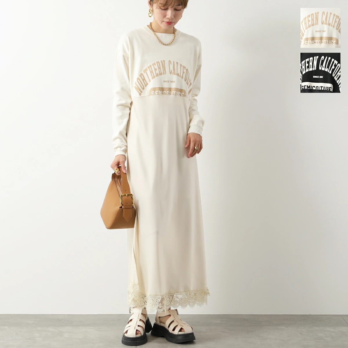 Semicouture セミクチュール ワンピース KASEY Y4SB15 レディース ドレス コットン サテン 切り替え 長袖 クルーネック ロング丈 カラー2色