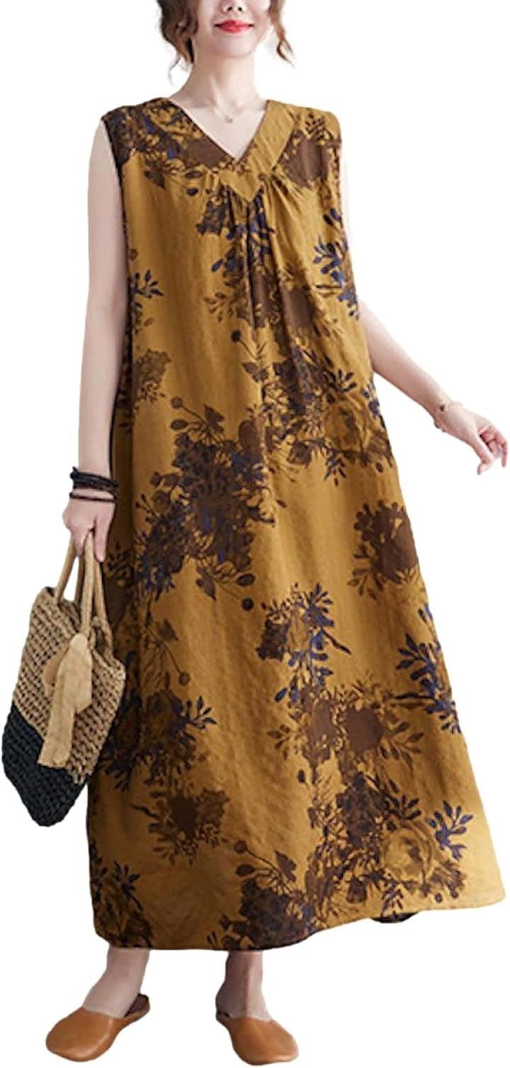 ロングワンピース レディース フラワープリント Aラインシルエット 前後２way サマードレス ゆったり ノースリーブ トレンド感 ぶかぶか 腰回り 日常 モダン(ブラウン, 2XL)