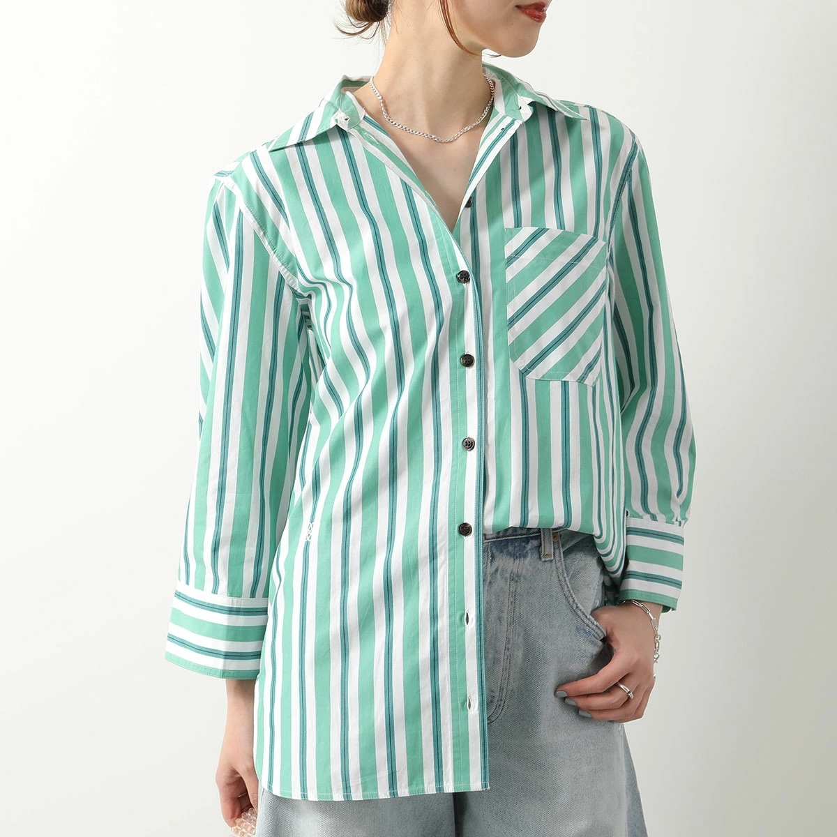 GANNI ガニー 長袖 シャツ Stripe Cotton Shirt F9022 6475 レディース ストライプ ロゴ刺繍 胸ポケット コットン セットアップ可能 879/Creme-de-Me