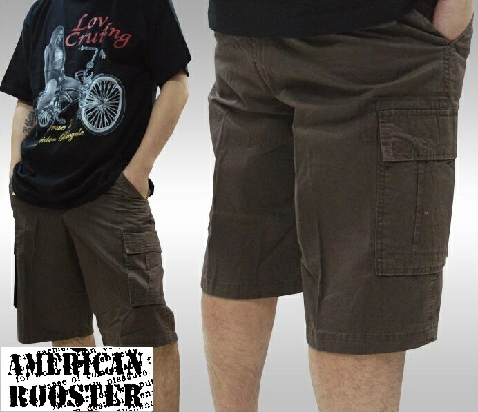 セール American Rooster メンズ ミリタリー カーゴ ハーフパンツ ベルト付き 半ズボン パンツ ハーパン ブラウン 3 アメカジ ブランド サーフ インポート ファッション スト