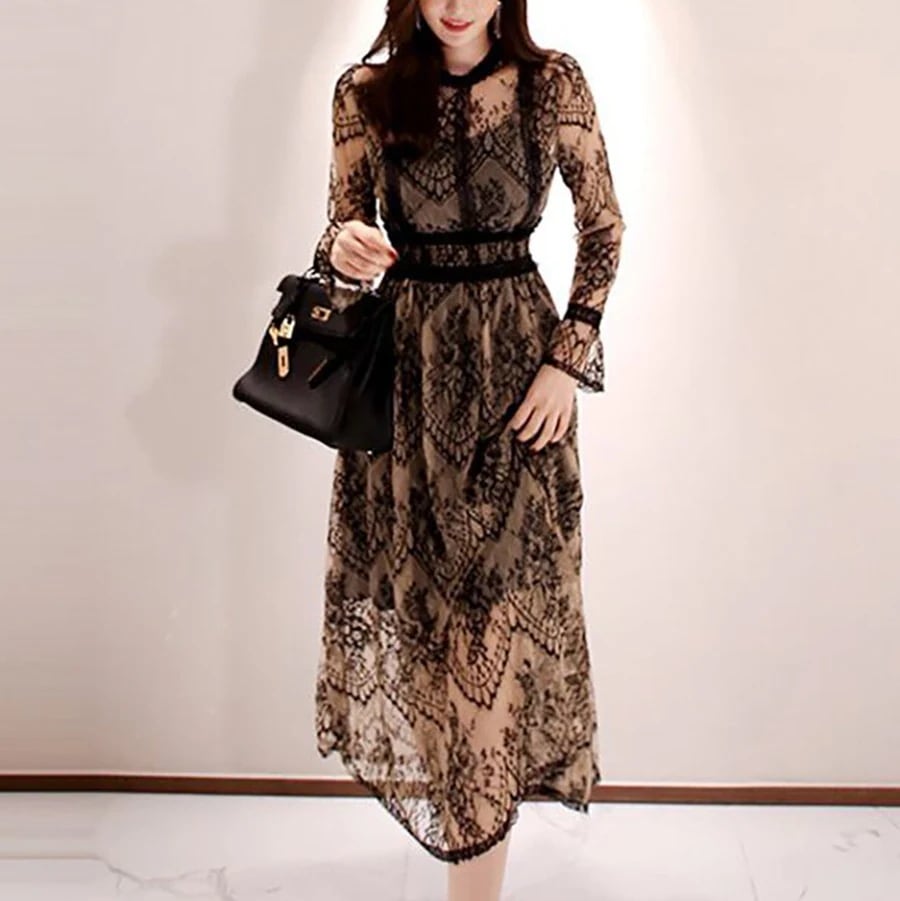 シースルーレースドレス ワンピース フレアワンピース ワンピドレス ミモレ ミモレ丈 ミディアム丈 袖あり 長袖 萌袖 ラウンドネック 切り替えデザイン レース ウエストマーク ハイウエスト