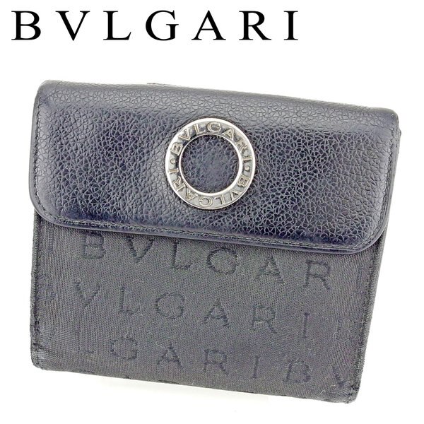 Wホック 財布 二つ折り ロゴマニア ブルガリブルガリ ブラック シルバー 中古