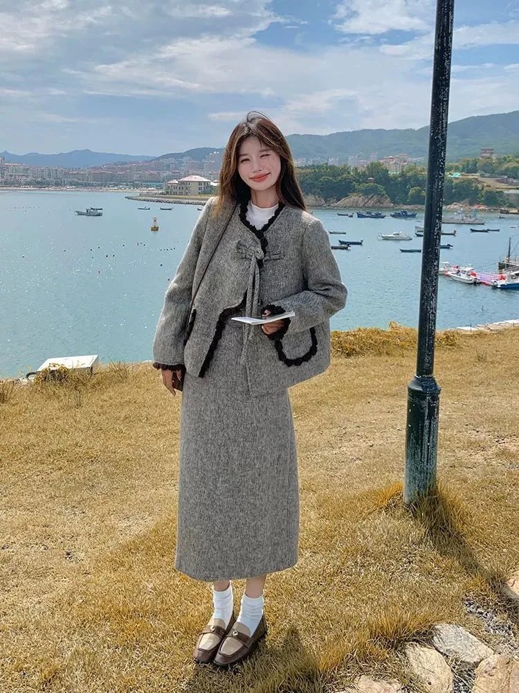 【新作特別セール】【人気アイテム】レディースファッション シャネル風 レディー調 高級感 2 点セット レディース 秋冬 新作 グレー ウール 中綿入り 厚手