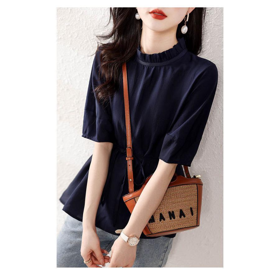 夏新作ブラウス レディース 春 夏 シャツ 半袖 無地 きれいめ トップス フリル フレア リボン オフィス カジュアル 20代 30代 40代