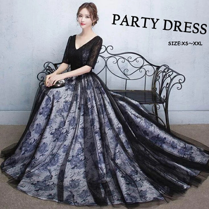 パーティードレス longdress ロングドレス 花柄 プリント ワンピース パーティドレス 袖あり　ウェディングドレス ウエディング ドレス 二次会 花嫁 ブライズメイド お呼ばれ ワンピース ミ