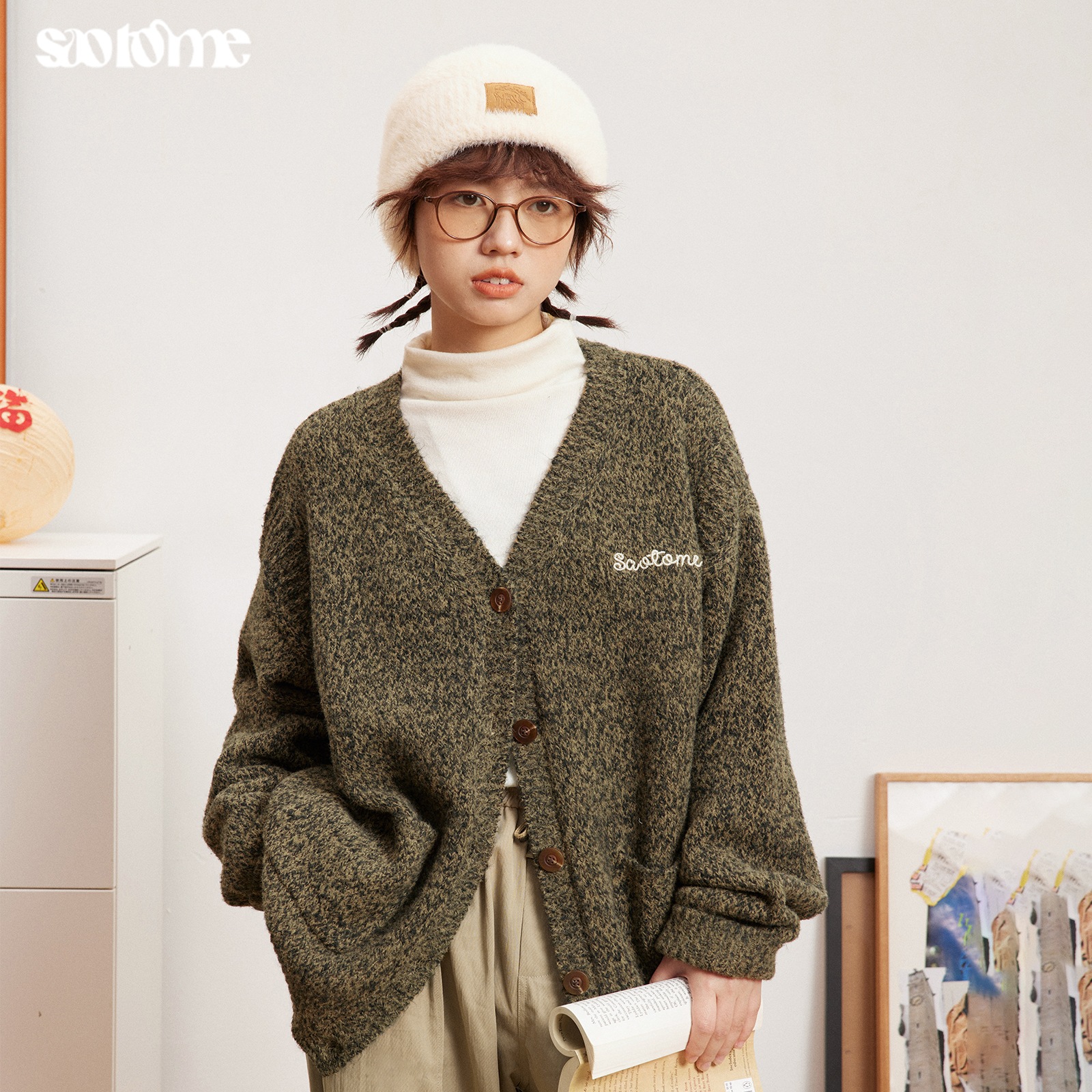 早乙女慶子 Saotome 和風レトロルーズショルダー刺繍vネックミックスセーターカーディガン