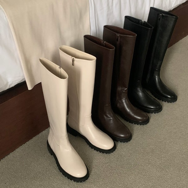 ロングブーツ ワークブーツ トラックソール サイドジップ フラット レディース ローヒール 黒 茶 ブラック ブラウン アイボリー 歩きやすい 靴 婦人靴 韓国