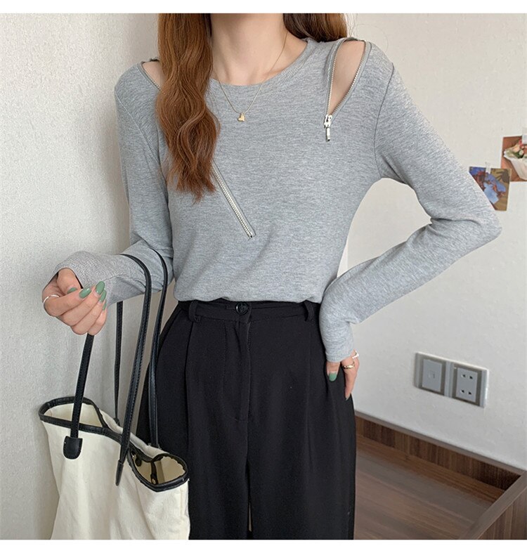 最新トレンド勢揃い ジッパー 長袖 Tシャツ スリム ヤングスタイル ベースシャツ ファッション