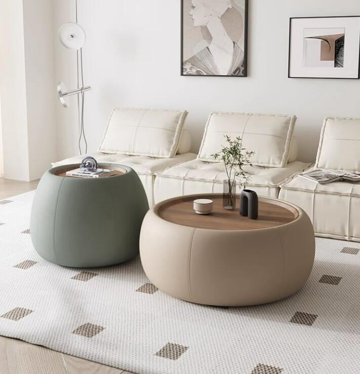 モダンなラウンドコーヒーテーブルセット木製トップ収納スペースセンターテーブル北欧レザーテーブル　丸いテーブル