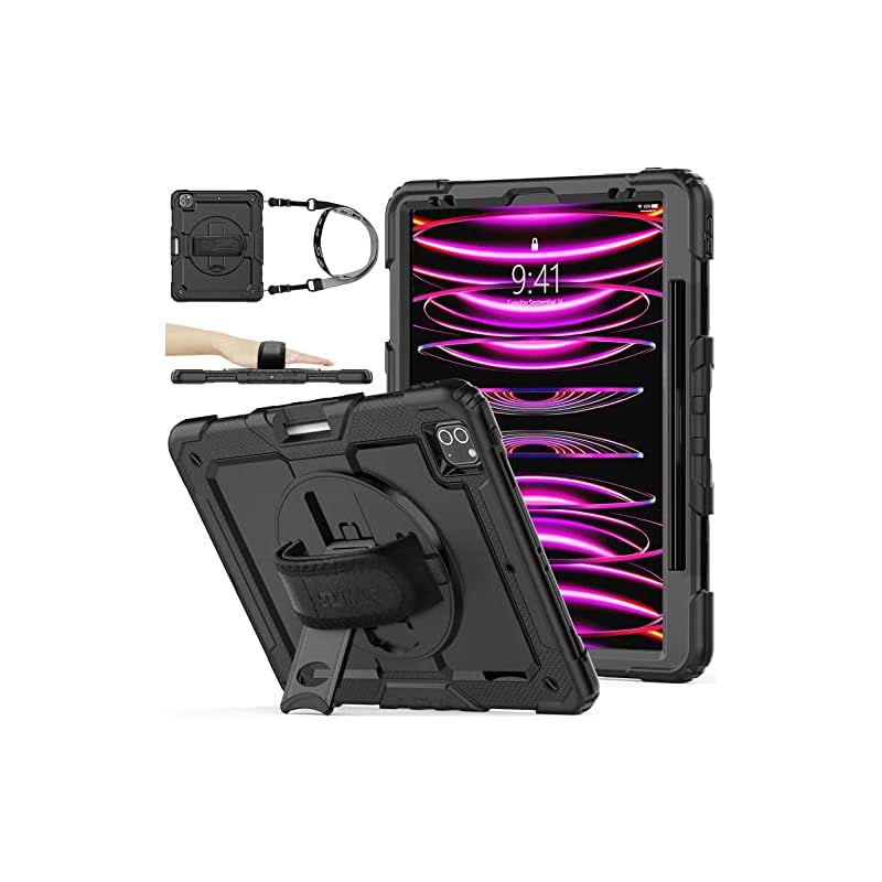 SEYMAC stock 12.9インチiPad Pro 第6世代 2022 ケース 耐衝撃 保護フィルム付き ペン収納 360回転スタンド ハンドストラップ ショルダーストラップ 全面保護カバー