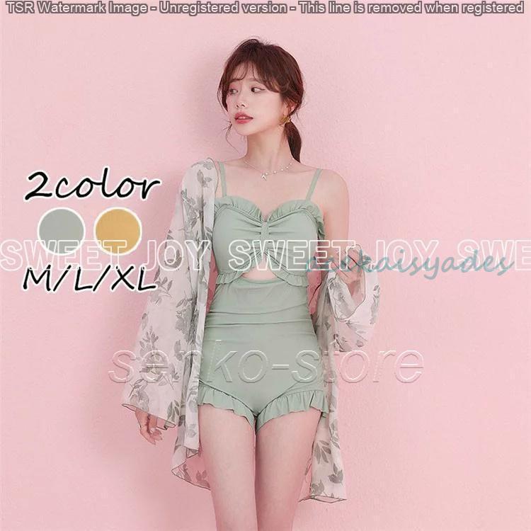 水着 体型カバー オトナ女子 イエロー グリーン 夏 水泳服 海水浴 オトナ女子 おしゃれ 露出控えめ お腹 お尻 カバーアップ やせて見える 休暇を過ごす