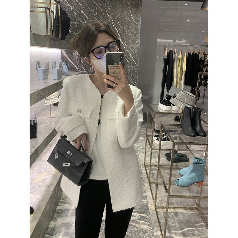 粗紡織真珠ボタン小香風コート女性秋2024新韓版ゆるい長袖上着