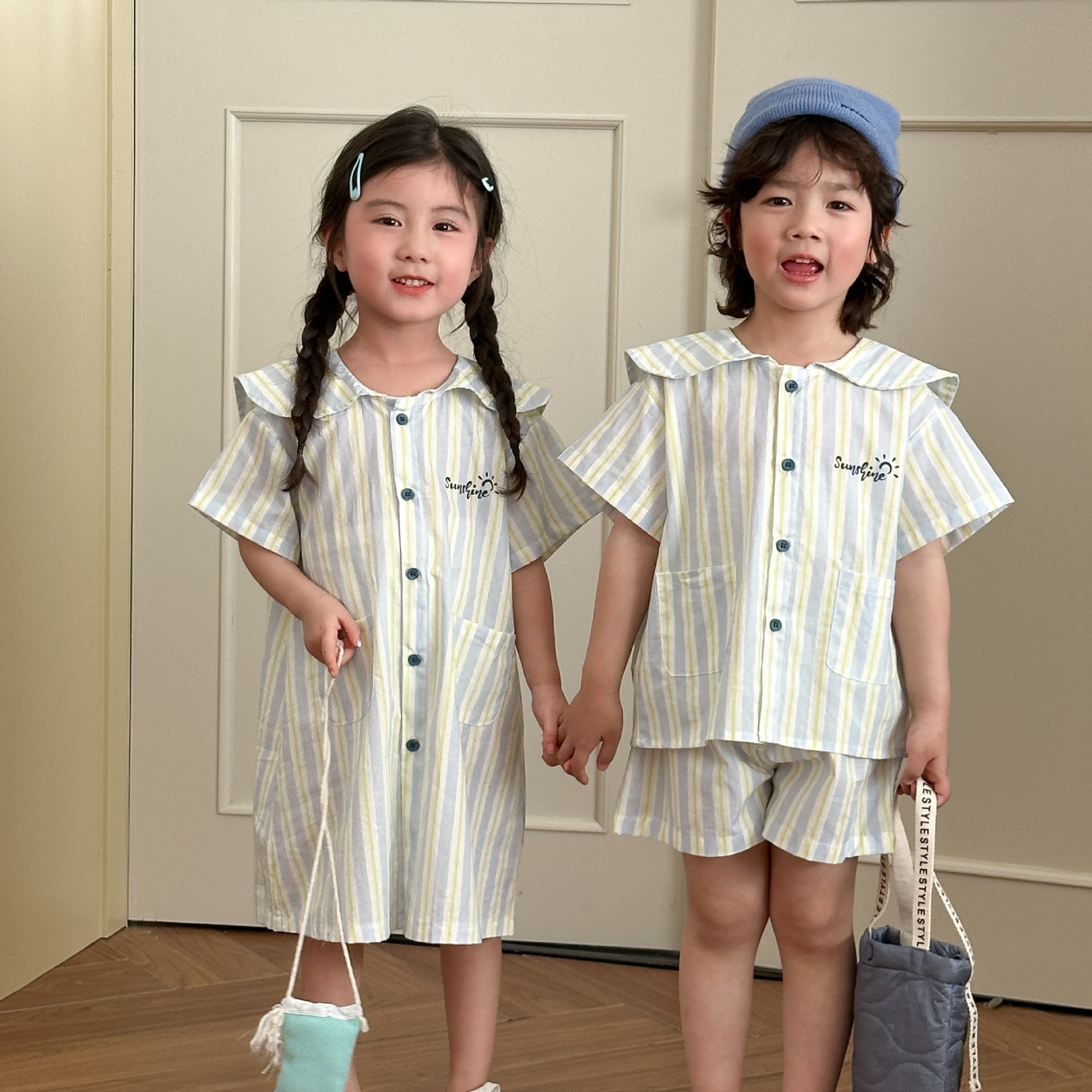 子供用パジャマ夏の薄手赤ちゃん純綿ストライプ2025新女の子用パジャマ男の子用ウェアセットキッズパジャマ