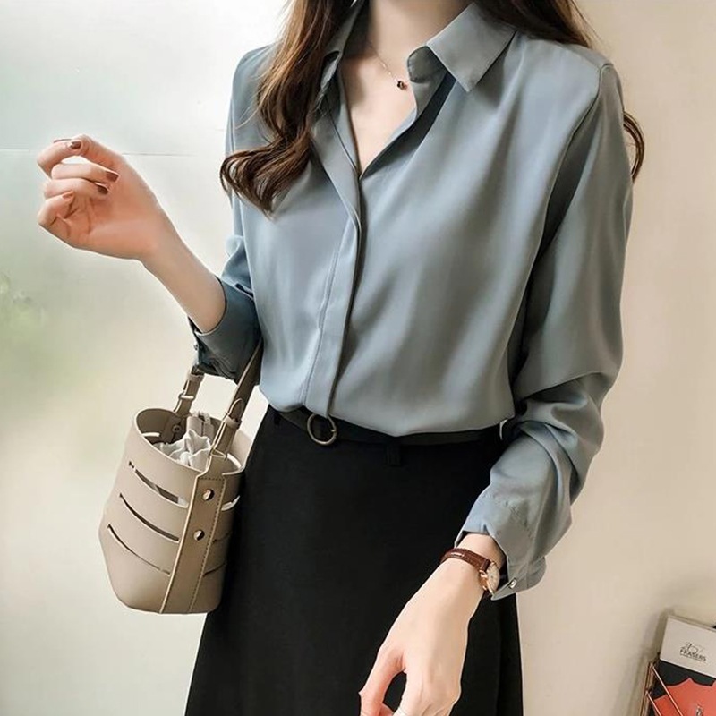 オフィスシフォンシャツレディース長袖ルーズ韓国ラージサイズシャツトップ