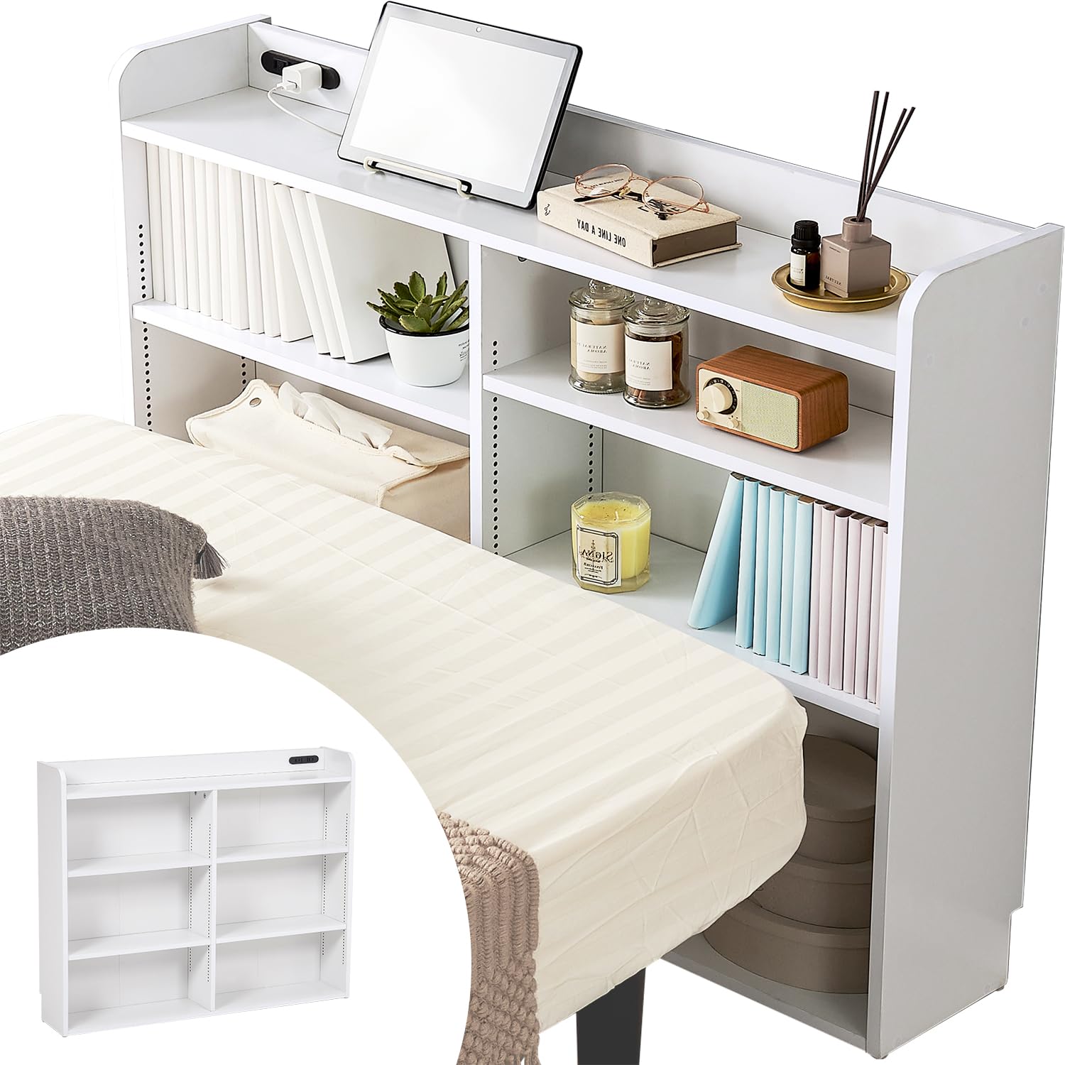 ヘッドボード 後付け 本 収納 大容量 【１間隔で変えれる棚板】シングルサイズ 棚 宮棚 壁面収納 薄型 1500W 2口 コンセント ホワイト RHB-1925WH