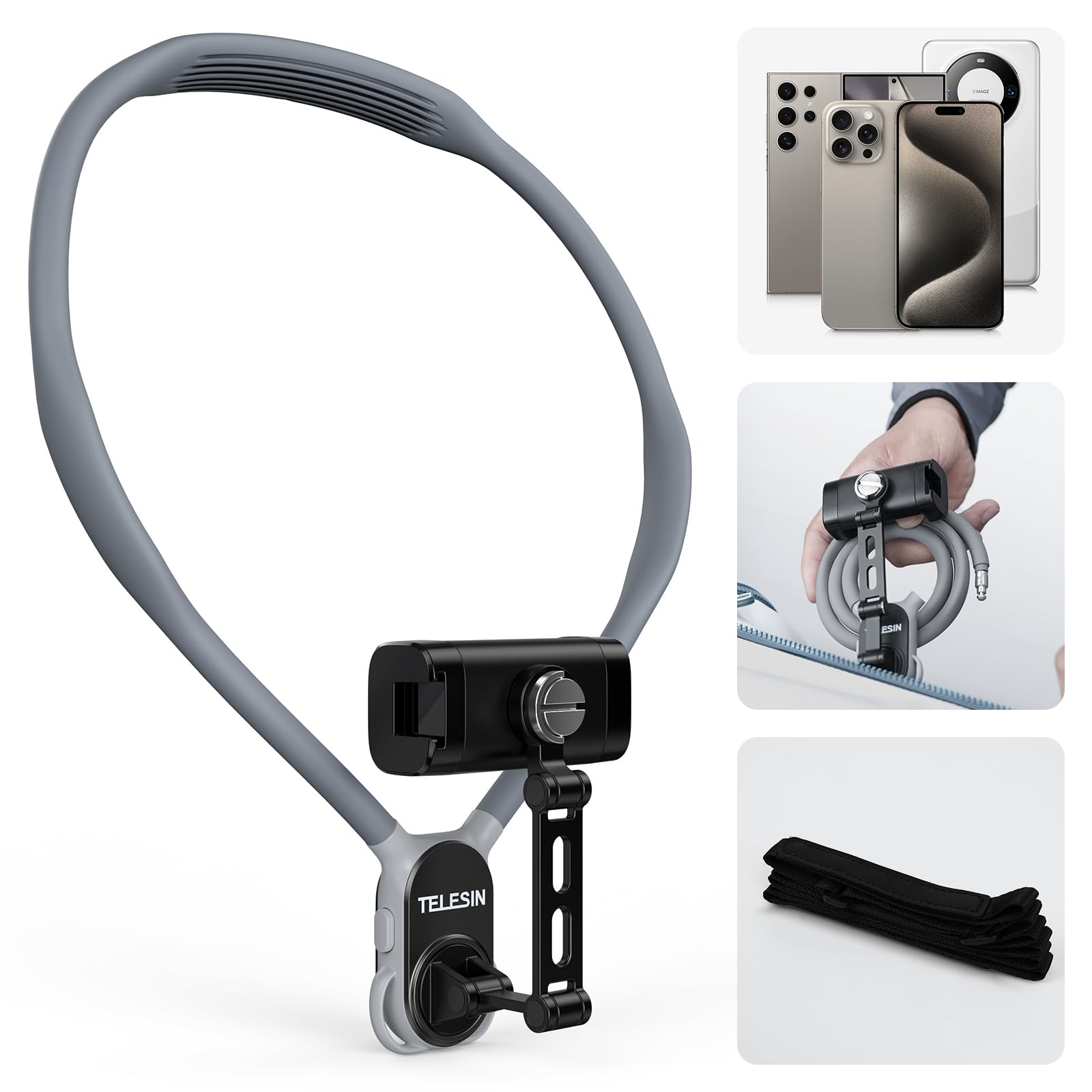TELESIN スマホ ネックホルダー付きのクリップ首掛けスマホホルダーハンズフリーのスマホスタンドチェストストラップスマホ撮影対応 iPhone16/15/14/13/12 Pro Max/