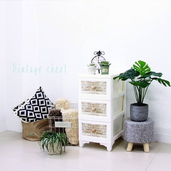 衣類収納 タンス 約幅34cm 3段 アンティークホワイト 日本製 プラスチック 北欧風 ヴィンテージ チェスト 収納家具 組立品