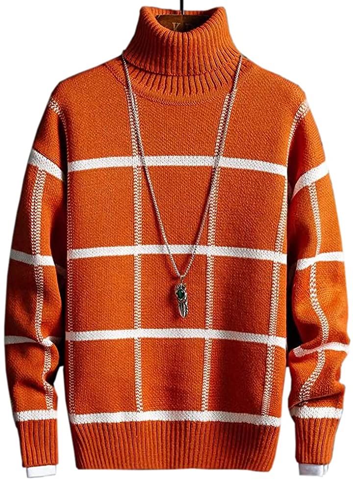 アスペルシオ タートルネック チェック柄 ニットセーター 長袖 トップス メンズ オレンジ(ハピーオ