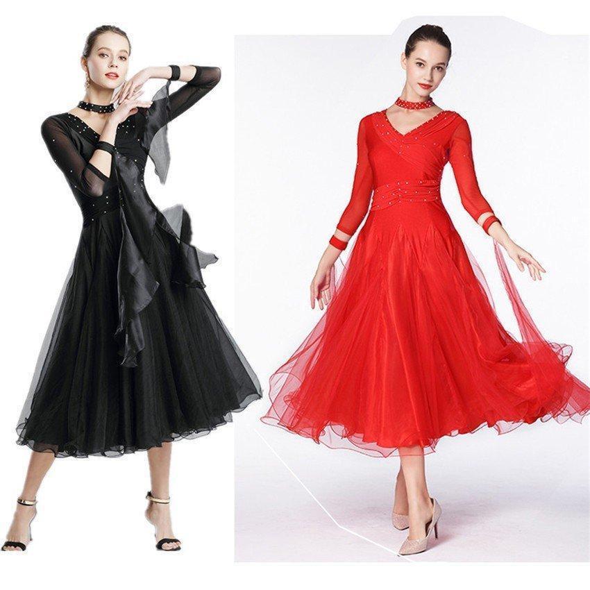 社交ダンス モダンドレス 大きい裾 競技用 レディース ワンピース パーティー舞台衣装 演出服 七分袖 インターナショナルダンス ダンス服