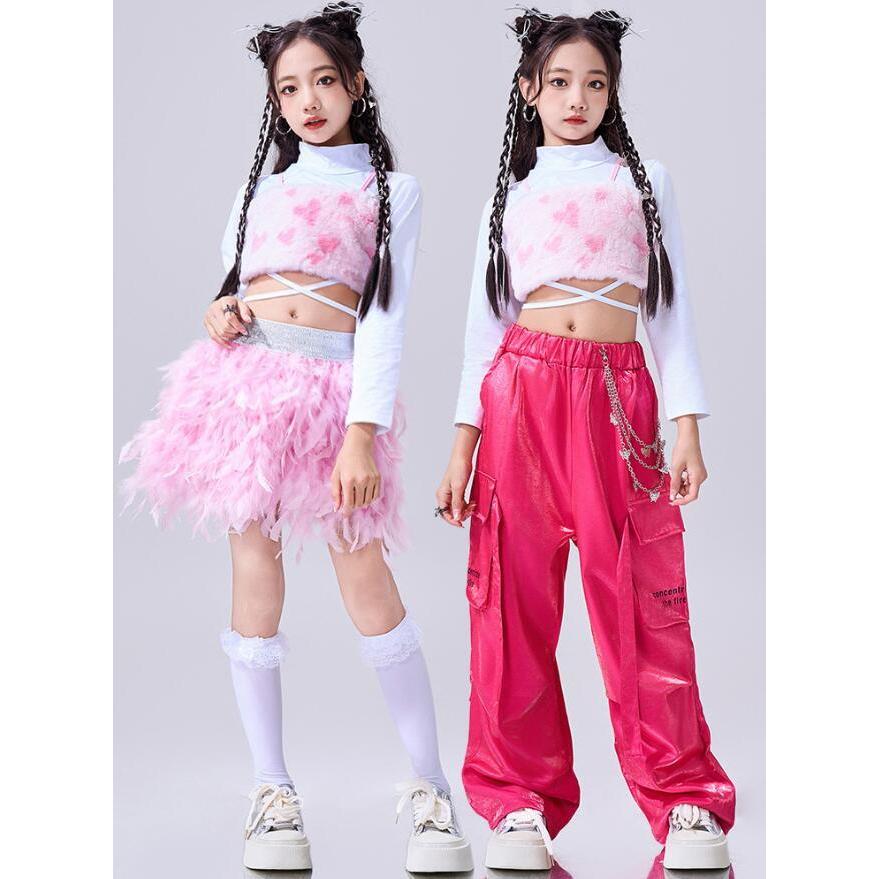 2026春夏新作キッズ ダンス衣装 ジャズダンス jazz HIPHOP ヒップホップ 上下セット 女の子 韓国k-pop もふもふ ピンク ローズ ベスト長袖Tシャツ トップス スカート カーゴキッ