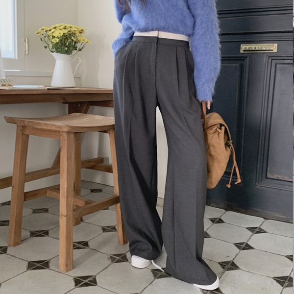 韓国ファッション ハイウエスト 配色 ライン ピンタック ウール スラックス パンツ