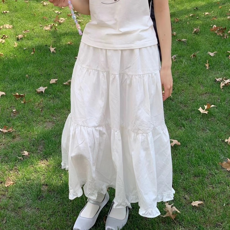【1つ買うと10つ無料】スプリングスタイル新しい2025ケーキロングスカートキュートでエネルギッシュな女の子ホワイトレースカレッジスカート