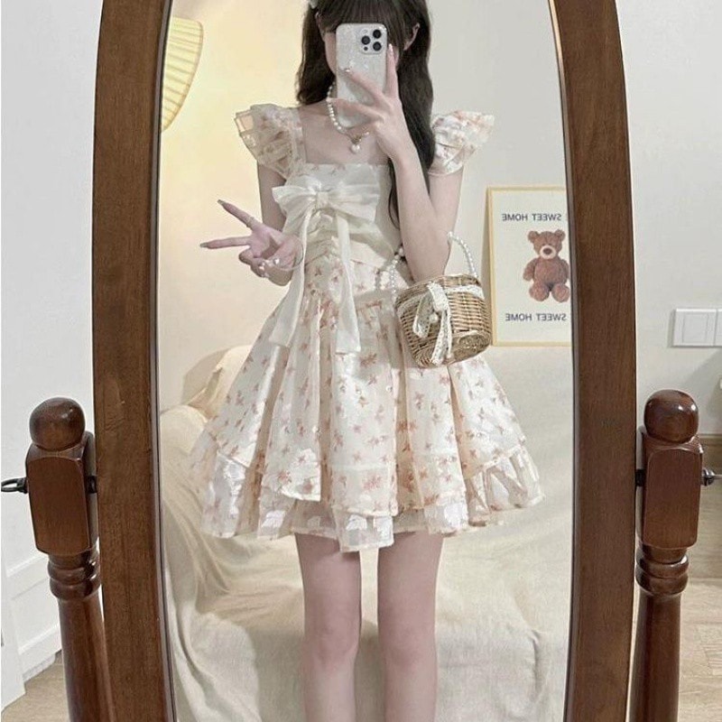 【1つ買うと10つ無料】2025ファッションスイートスリーブスリーブボウフラワーサマードレスプリンセススカート