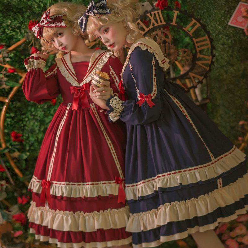 ロリータ セーラー ワンピース 秋冬 長袖 フリル リボン オリジナル クラシカル お嬢様 かわいい ハイウエスト
