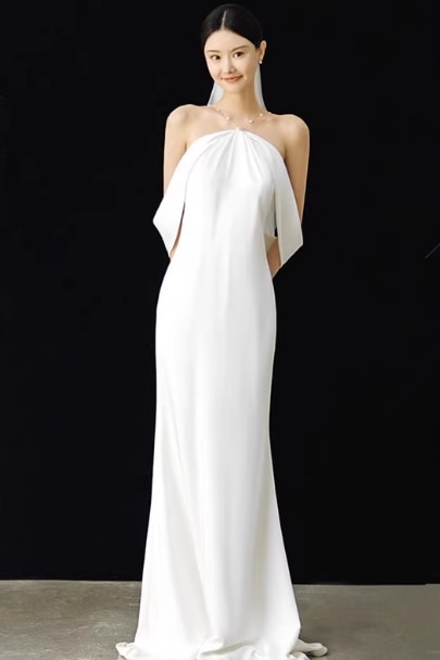 ウェディングドレス ドロップショルダー キャミソール 優雅なシルエット 背中見せ 前撮り